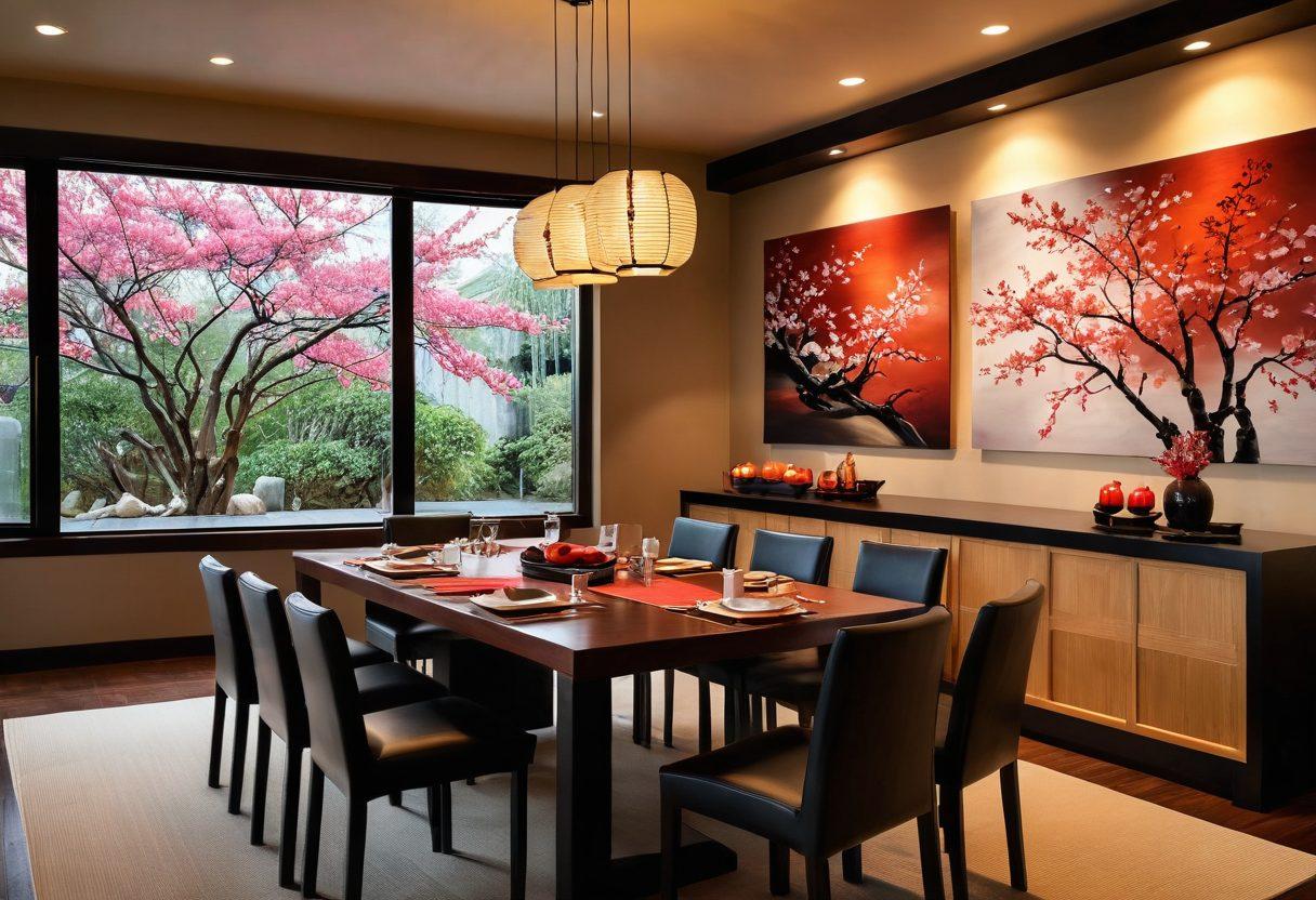 A beautifully designed dining room featuring elegant sushi-inspired decor, with a low wooden table set with colorful sushi platters, bamboo accents, and traditional Japanese lanterns. The walls are adorned with modern art depicting sushi rolls and cherry blossoms, creating a harmonious and serene atmosphere. Soft ambient lighting casts a warm glow. super-realistic. vibrant colors. 3D.