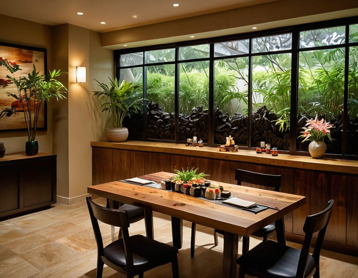 A cozy dining room featuring a stylish sushi bar setup, with a wooden sushi counter adorned with colorful sushi rolls, chopsticks, and decorative bamboo plants. Soft ambient lighting casts a warm glow, complemented by traditional Japanese artwork on the walls. The table is set with elegant dishware and ceramic sake bottles. Include a window view of a tranquil Japanese garden. vibrant colors. super-realistic.