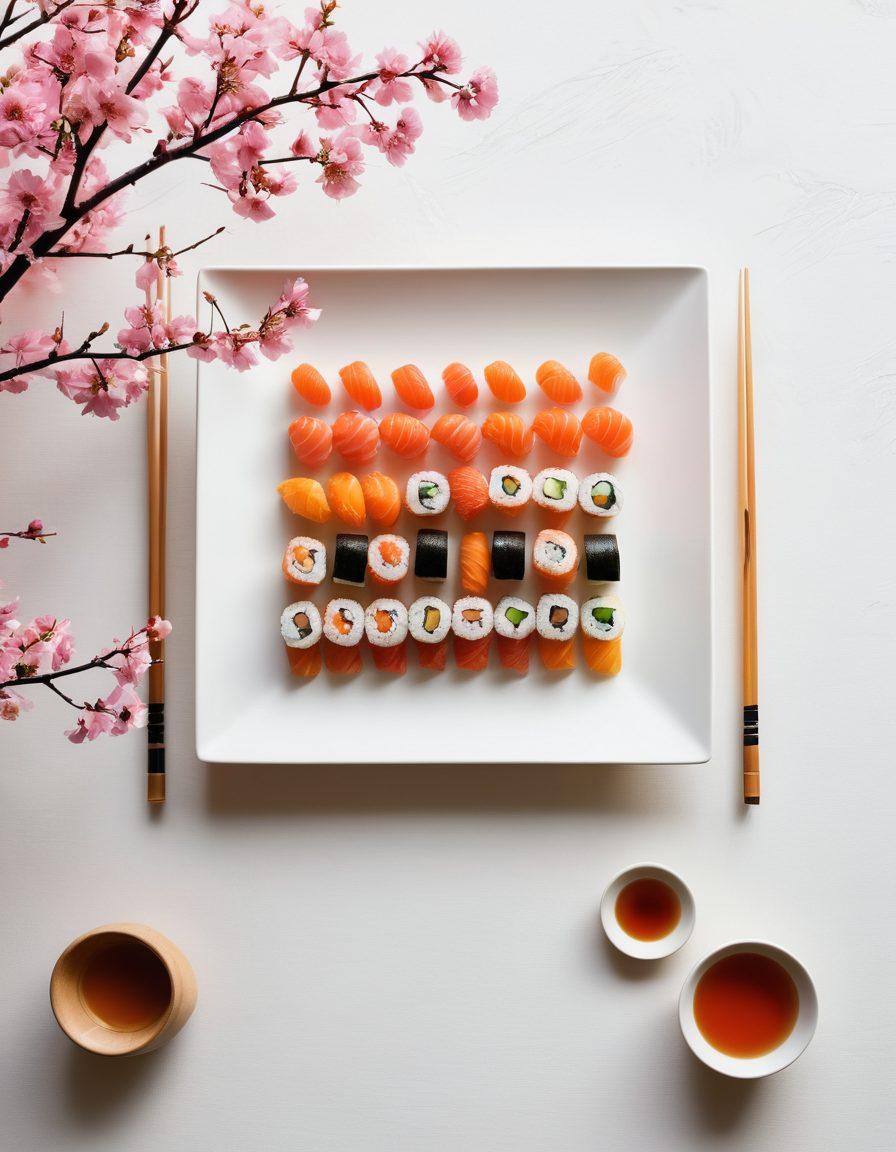 A beautifully arranged sushi platter decorated with vibrant and colorful sushi types, set against a backdrop of elegant and modern home décor elements such as sleek furniture, minimalist vases, and subtle lighting. Incorporate elements of Japanese artistry, like calligraphy or cherry blossoms, subtly integrated into the decor. The overall composition should evoke a sense of fine dining at home. super-realistic. vibrant colors. clean white background.